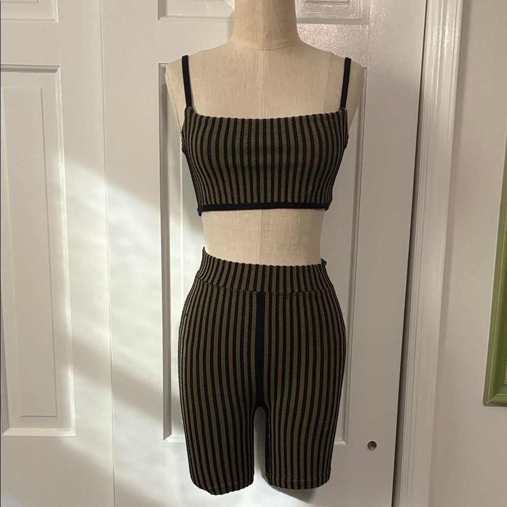 Free People MVMNT Striped Black and Olive Two-Piece Set